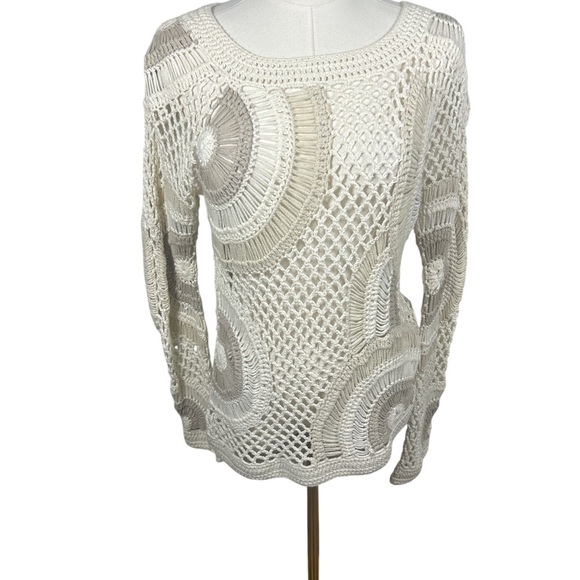 Sigrid Olsen Crochet Knit Sweater Top Medium Cream Boho Festival Coverup - Picture 2 of 6